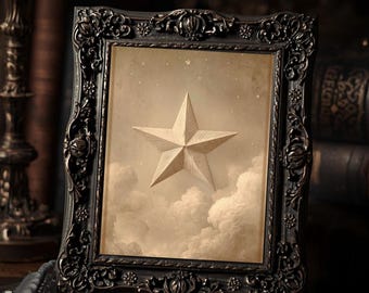 Vintage Star In The Clouds Wall Art Print  Celestial Sepia Starry Sky Gothic Decor