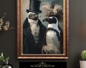 Victorian Penguin Couple Portrait Vintage Bird Art Elegant Anthropomorphic Fine Art Oil Style Print