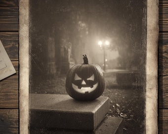 Angry Jack O Lantern Halloween Greeting Card Gothic Sepia Photograph Creepy Pumpkin In Fog Spooky Vintage Stationery Blank Inside