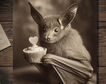 Vintage Victorian Bat Offering Cupcake with Heart Love Card Gothic Valentine Art Antique Style Photography Blank Inside