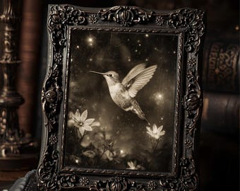 Victorian Hummingbird Print Gothic Nature Wall Art Antique Sepia Celestial Bird Floral Decor