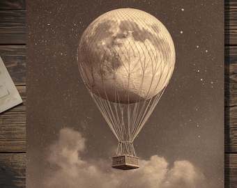 Vintage Gothic Moon Hot Air Balloon Card Victorian Style Celestial Blank Inside
