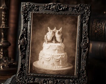 Victorian Bat Couple Wedding Cake Print Gothic Romantic Wall Art Antique Style Photography