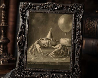 Vintage Crab With Party Hat Cake Print Gothic Animal Dark Humor Wall Art