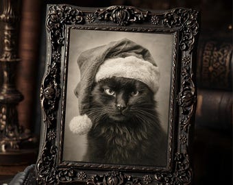 Black Cat in Santa Hat Print Vintage Christmas Wall Art Gothic Holiday Decor