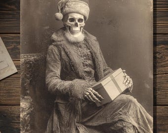 Vintage Victorian Skeleton Santa Christmas Card Gothic Holiday Art Antique Style Photography Blank Inside
