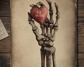 Vintage Victorian Skeleton Hand Be Mine Heart Valentine Card Gothic Macabre Antique Photography Blank Inside
