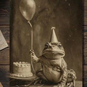 May include: Sepia-toned image of a frog wearing a party hat, holding a balloon, and sitting next to a small cake. The frog appears to be celebrating a birthday. The image has a vintage, antique aesthetic.