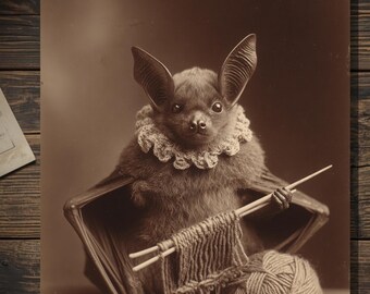 Victorian Bat With Yarn Greeting Card Antique Style Sepia Bat Portrait Gothic Animal Card