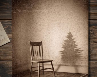 Vintage Victorian Empty Chair and Christmas Tree Shadow Card Gothic Holiday Art Antique Style Photography Blank Inside