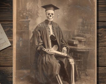 Vintage Victorian Skeleton Graduate Portrait Graduation Card Gothic Academic Art Antique Style Photography Blank Inside