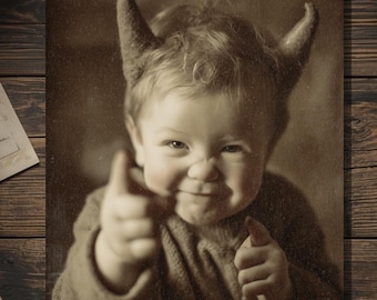 Vintage Victorian Cheeky Demon Pajamas Kid Get Well Card Gothic Dark Humor Art Antique Style Photography Blank Inside