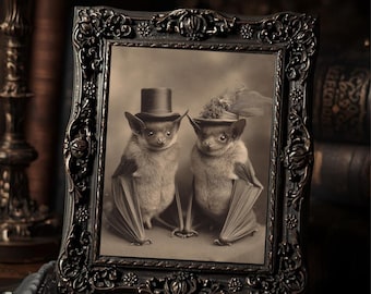 Victorian Bat Couple In Hats Gothic Antique Style  Art Print Sepia Vintage Dark Romantic Oddities Wall Decor