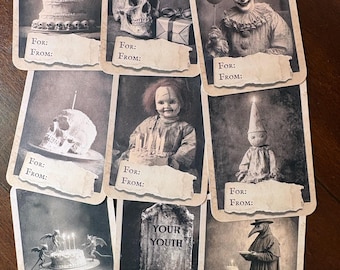 Vintage Victorian Creepy Birthday Gift Tags Set of 9 Gothic Dark Academia Macabre Party Wrapping