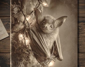 Vintage Victorian Bat in Christmas Lights Card Gothic Holiday Art Antique Style Photography Blank Inside