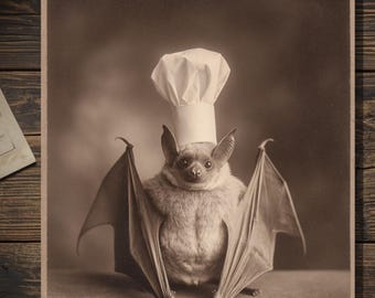 Victorian Bat Chef Greeting Card Antique Style Sepia Gothic Bat Card