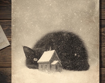Vintage Victorian Icelandic Yule Cat Giant Black Cat Snowy Cottage Winter Folk Legend Gothic Art Card Antique Style Photography Blank Inside