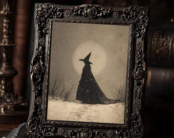 Dark Winter Witch Under Full Moon Art Print  Gothic Witchcraft Snowy Night Fantasy Wall Decor