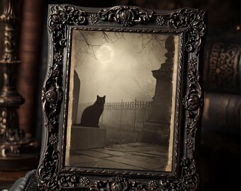 Vintage Victorian Black Cat In Cemetery Full Moon Halloween Art Print Gothic Witchy Spooky Antique Style Wall Decor