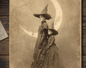 Vintage Victorian Witch Mother and Child Mothers Day Card Gothic Moon Antique Style Photography Blank Inside