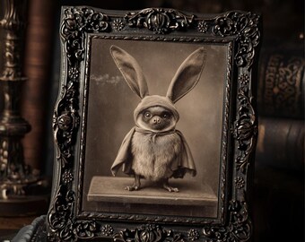 Vintage Gothic Easter Bat in Bunny Costume Print Victorian Style Dark Holiday Wall Art