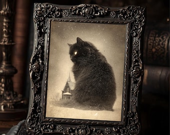 Vintage Victorian Icelandic Yule Cat Giant Black Cat Winter Folk Legend  Art Print Gothic Antique Style Snowy Wall Decor