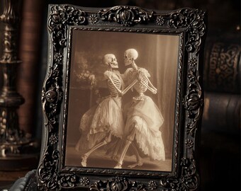 Dancing Skeleton Women Couple Gothic Romantic Art Print  Vintage Style Macabre Love Dark Halloween Wall Decor