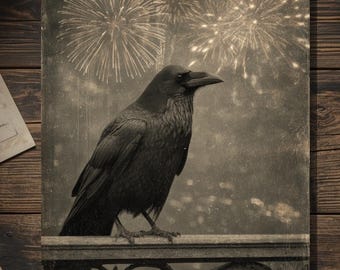 Vintage Victorian Raven Watching Fireworks New Year Card Gothic Macabre Art Antique Style Photography Blank Inside