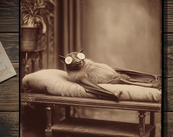 Victorian Bat At Spa Greeting Card Antique Vintage Style Sepia Gothic Bat Card