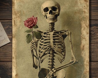Victorian Skeleton with Rose Thinking of You Card Gothic Antique Style Macabre Cabinet Card Blank Inside