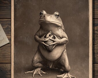 Vintage Gothic Frog Love Card Frog Holding Heart Victorian Style Valentine Photo Blank Inside
