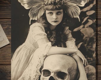 Creepy Fairy With Skull Gothic Greeting Card Vintage Sepia Dark Fantasy Photograph Eerie Fairy Art Blank Inside