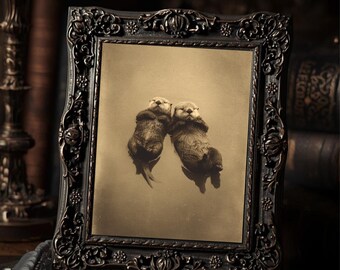 Vintage Victorian Otter Pair Love Print Gothic Animal Wall Art Antique Style Photography Dark Whimsical Romantic Decor