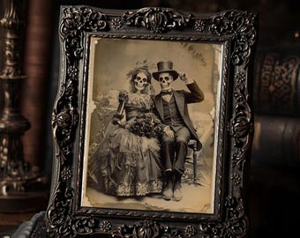 Skeleton Bride And Groom Gothic Wedding Art Print  Vintage Style Macabre Romantic Spooky Victorian Wall Decor