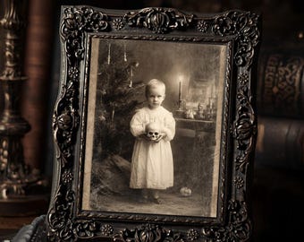 Creepy Victorian Child with Skull  Art Print Gothic Christmas Vintage Spooky Holiday Wall Art Sepia Photography