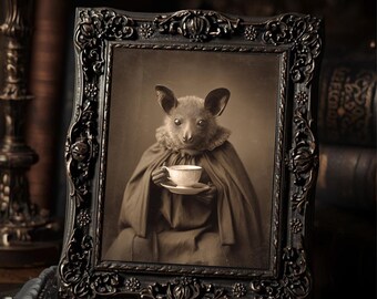 Victorian Bat With Teacup Art Print Antique Style Sepia Bat Portrait Gothic Wall Print