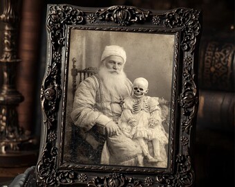 Skeleton Child with Santa  Art Print Gothic Christmas Vintage Creepy Holiday Wall Art Sepia Spooky Photography