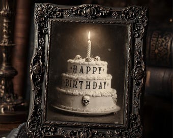 Vintage Gothic Skull Birthday Art Print Skull Cake Victorian Style Photo