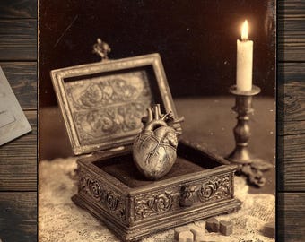 Vintage Victorian Anatomical Heart in Ornate Box Valentine Card Gothic Macabre Antique Photography Blank Inside