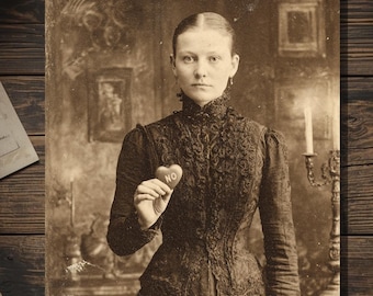 Vintage Victorian Woman Holding NO Heart Valentine Card Gothic Macabre Antique Photography Blank Inside