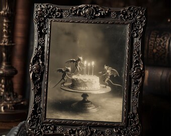 Vintage Gothic Demon Birthday Art Print Devils With Cake Victorian Style Photo