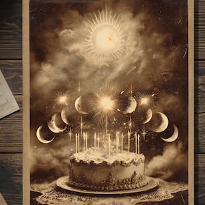 Puede incluir: Impresión artística en tonos sepia que muestra una tarta de cumpleaños con velas encendidas, rodeada de elementos celestiales. La imagen incluye fases lunares, un sol y explosiones de estrellas, creando una atmósfera mística y festiva. La tarta está sobre un plato con un mantel de encaje.