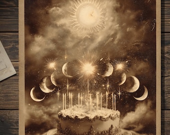 Vintage Celestial Moon Phases Birthday Card Victorian Astrology Style Blank Inside