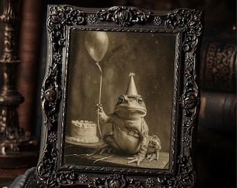 Vintage Frog With Balloon Cake Print Gothic Animal Dark Humor Wall Art