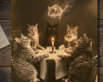 Vintage Victorian Cat Seance Halloween Card Ghost Mouse Gothic Antique Style Photography Blank Inside