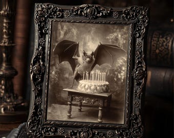 Vintage Victorian Bat with Birthday Cake Gothic Antique Style Photo Art Print