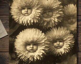 Vintage Victorian Grumpy Flower Faces Card Gothic Surreal Art Antique Style Photography Blank Inside