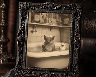 Bat Bubble Bath Victorian Cabinet Card Style Cute Brown Bat Gothic Funny Wall Print