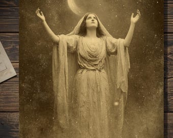 Vintage Victorian Moon Goddess Card Pagan Witchcraft Celestial Art Antique Style Photography Blank Inside