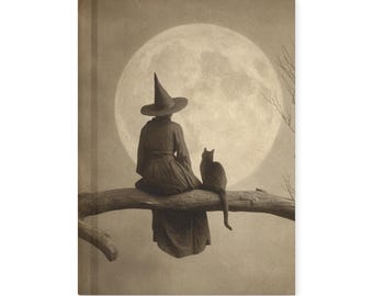 Vintage Victorian Witch Black Cat Halloween Notebook Gothic Moon Journal
